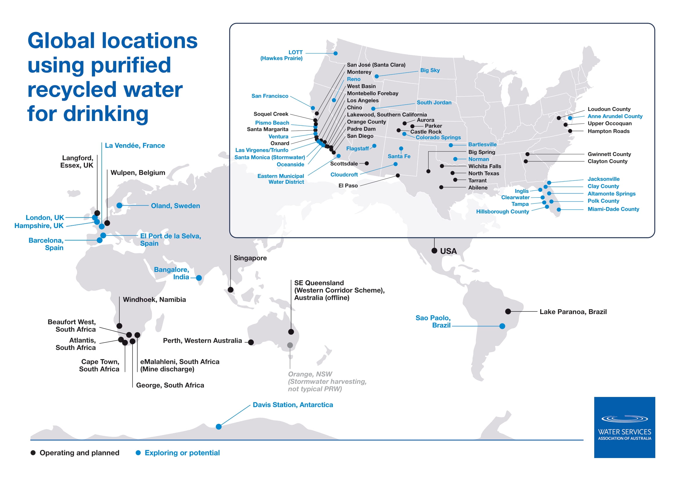 Global locations using purified recycled water for drinking